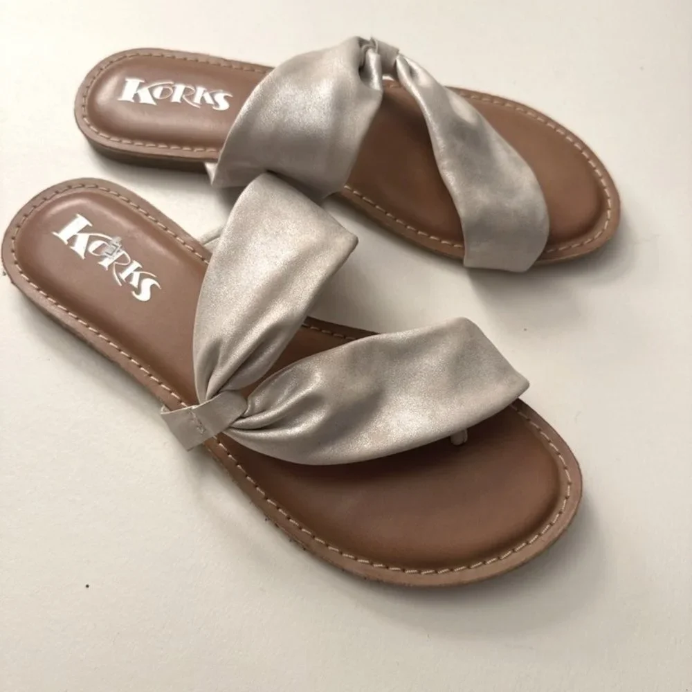 Kork-Ease Silver Satin Twist Strap Brown Footbed Slide Sandals